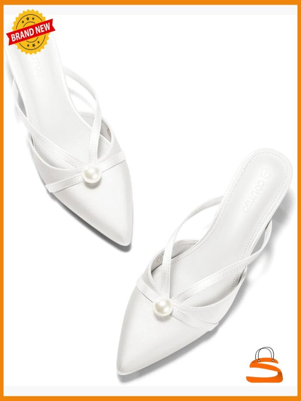 Pearl Kitten Heels Mules Closed Pointed Toe Satin Wedding Party Dress Shoes